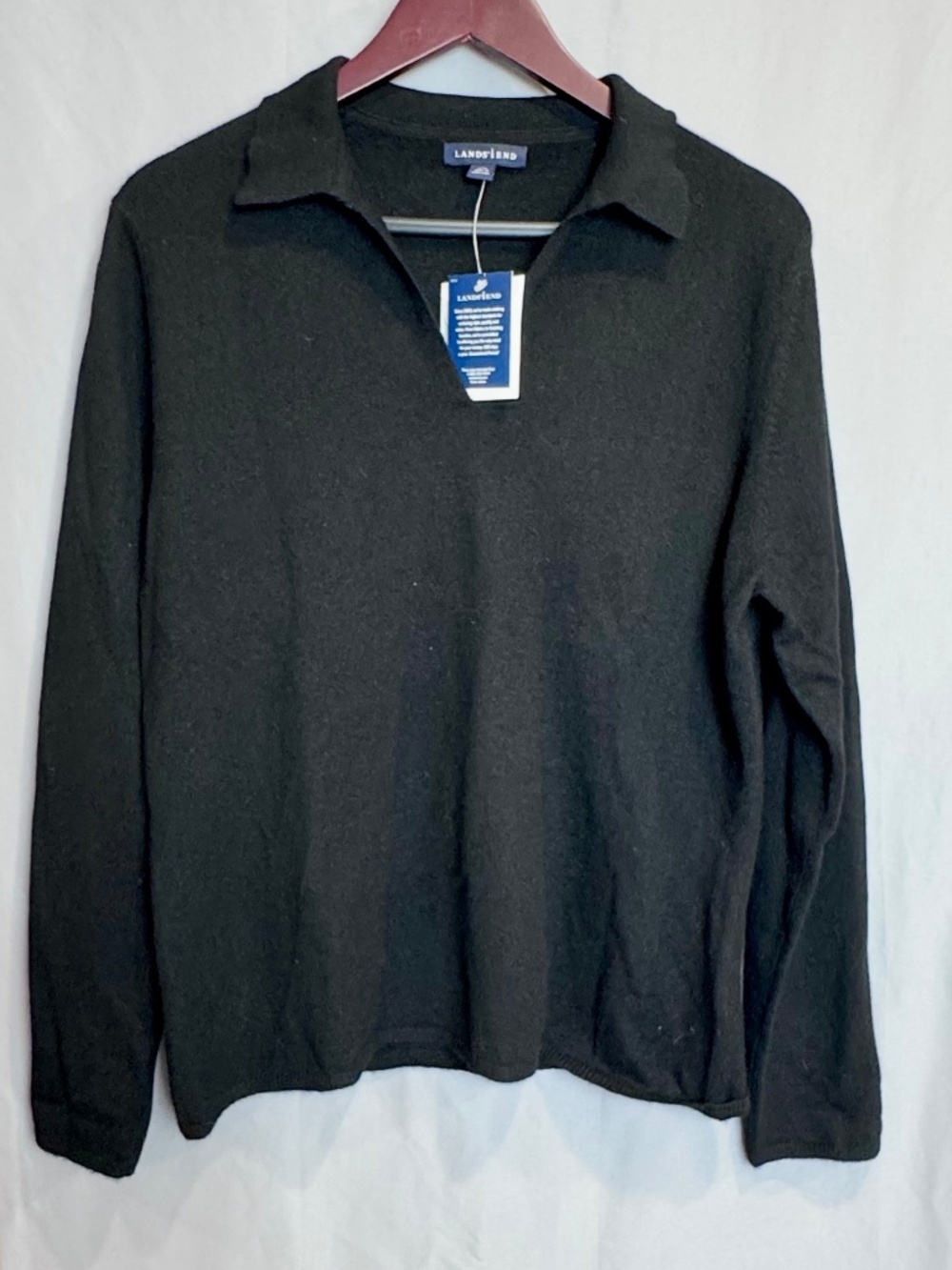 NWT Lands End Pure Cashmere Long Sleeve Johnny Collar Polo Sweater Large Black